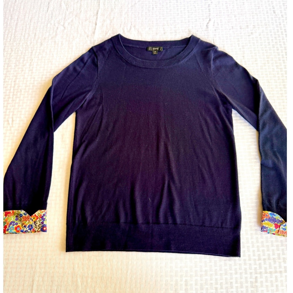 J.Crew Womens Merino Wool Sweater Navy Blue Floral Cuffs Size Medium Crewneck